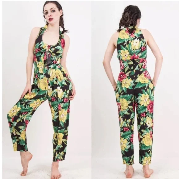 Vintage Karen Alexander Dark Floral Jumpsuit with Boned Corset bodice Sz 4